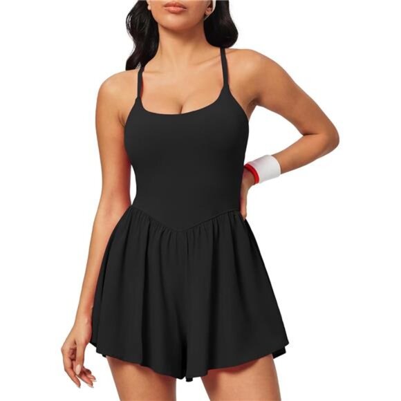 Athletic Romper with Bra Soft Workout Black - Picture 1 of 5